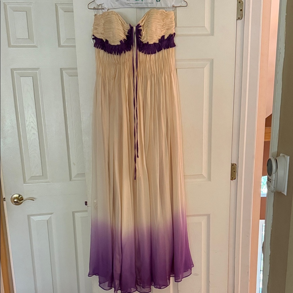 Cream and Purple Strapless Maxi Dress